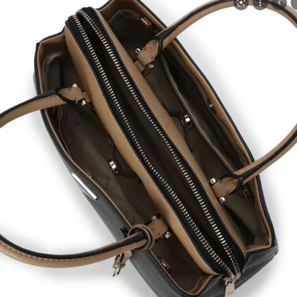 GUESS Ynes Girlfriend saffiano faux-leather satchel bag purse -BLACK/TAN - Picture 11 of 12